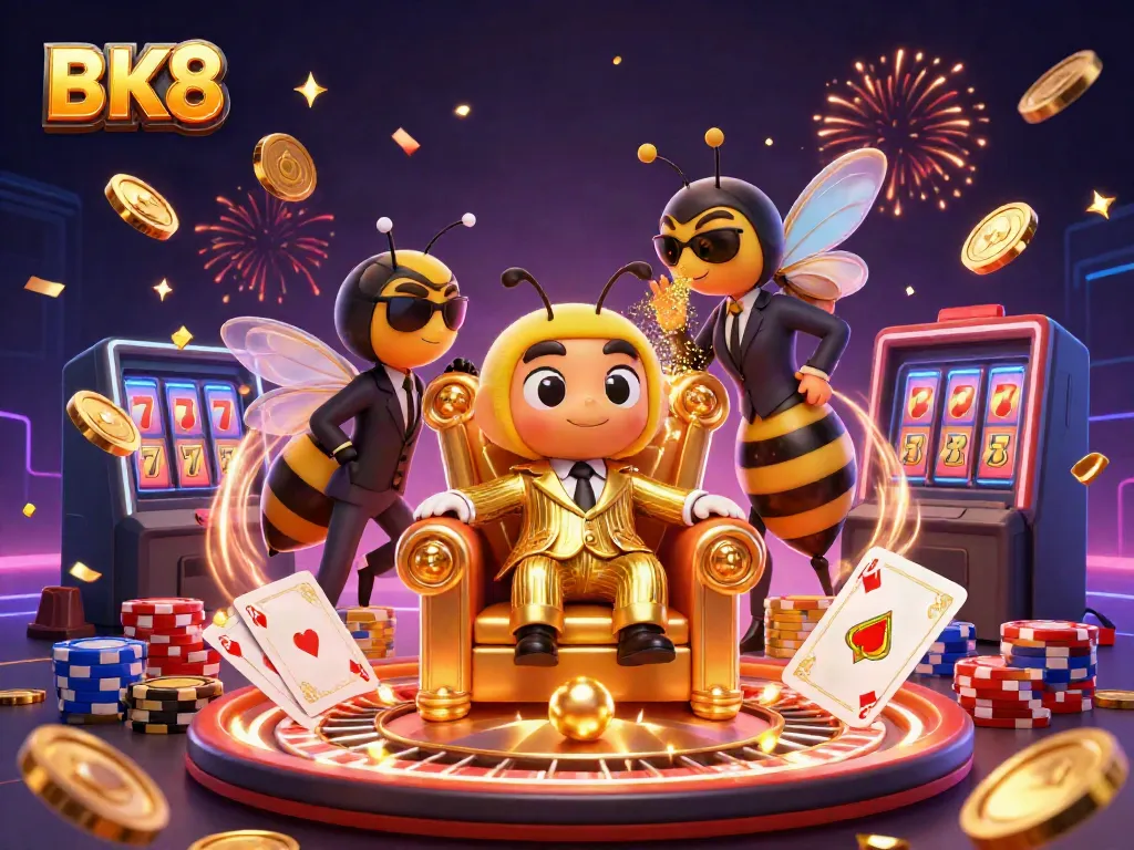 Engage with BK8's vibrant casino experience featuring a bumblebee boss and golden gaming elements.