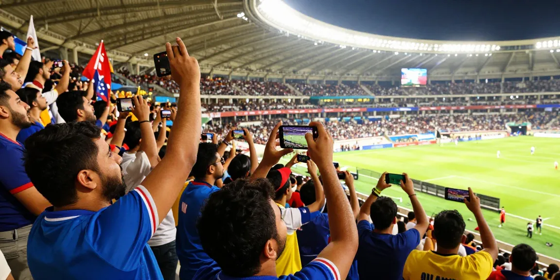 Fans in colorful jerseys enjoying live sports streaming on موقع IHD Sports in a vibrant stadium atmosphere.