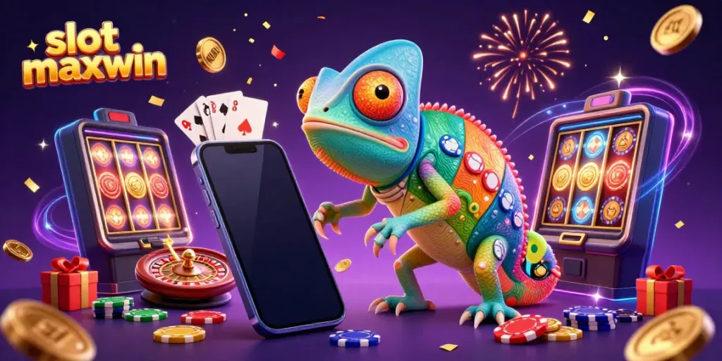 Mengakses slot maxwin dengan chameleon kasino yang memikat di latar belakang yang berwarna ungu gelap.