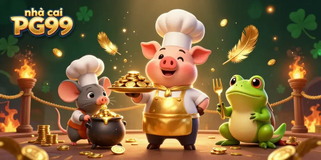 Engaging scene showcasing nhà cái PG99 with a chef pig and sous-chef mouse serving gold coins.
