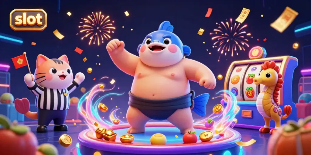 Engage with vibrant slot action featuring a fugu champion and lively characters celebrating wins.
