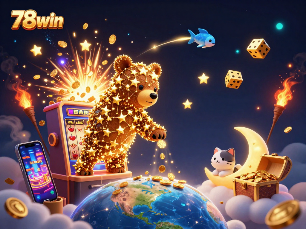 Experience the 78win magic with vibrant casino elements and a celestial show of winning.