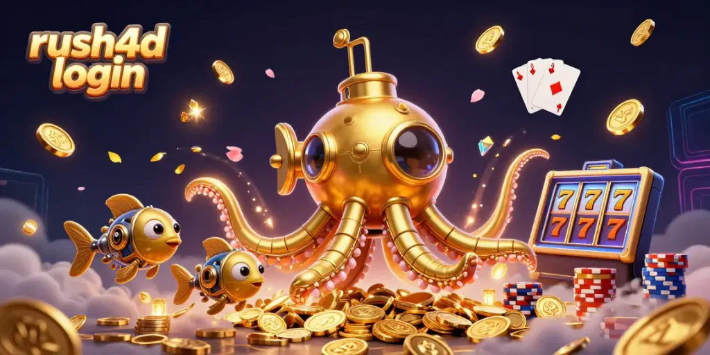 Login rush4d dengan slot mesin dan emas bersinar mengelilingi karakter 3D