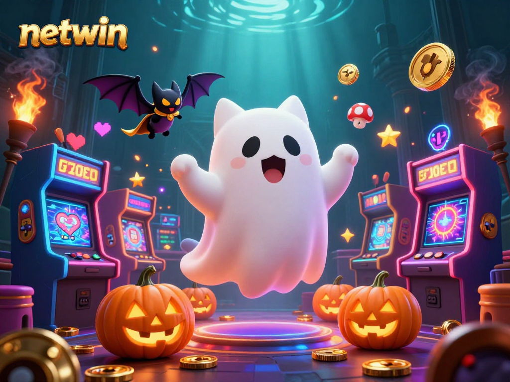 Engage with netwin's vibrant arcade casino action featuring a ghost cat and vampire bat.