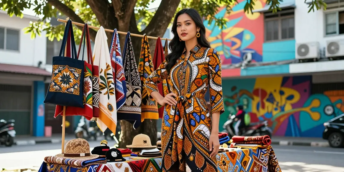 Model memperlihatkan busana batik BATIK88 dengan latar belakang urban yang berwarna-warni.