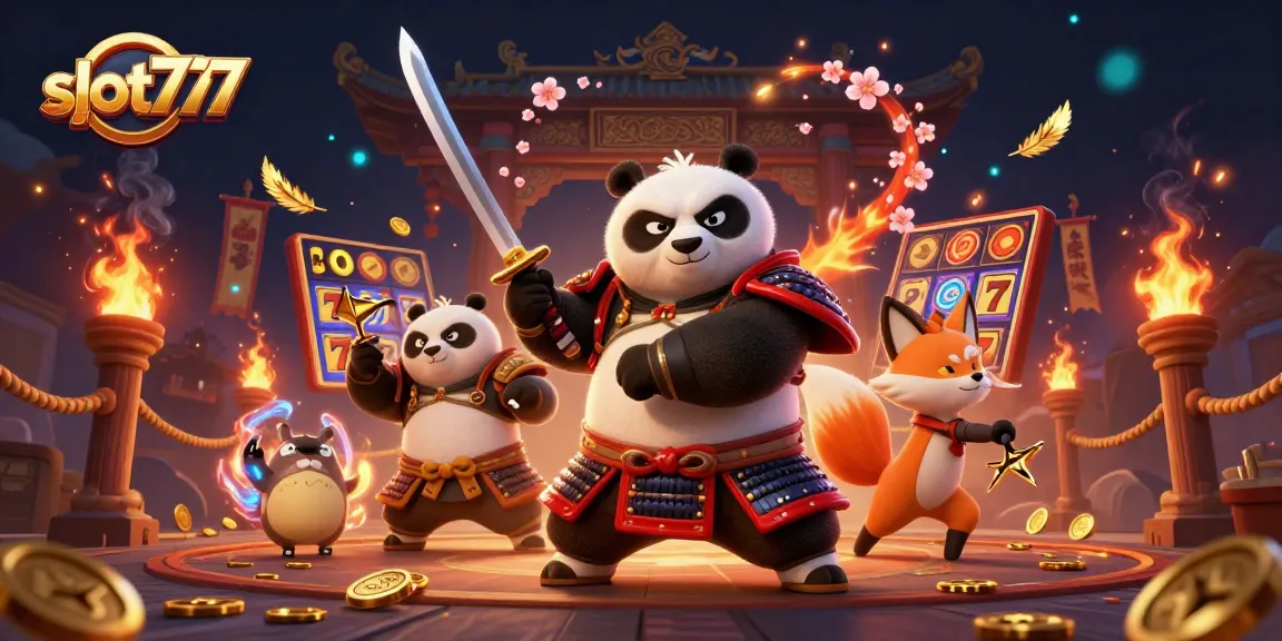 Experience the thrill of slot777 games with samurai and ninja characters in a vibrant casino setting.