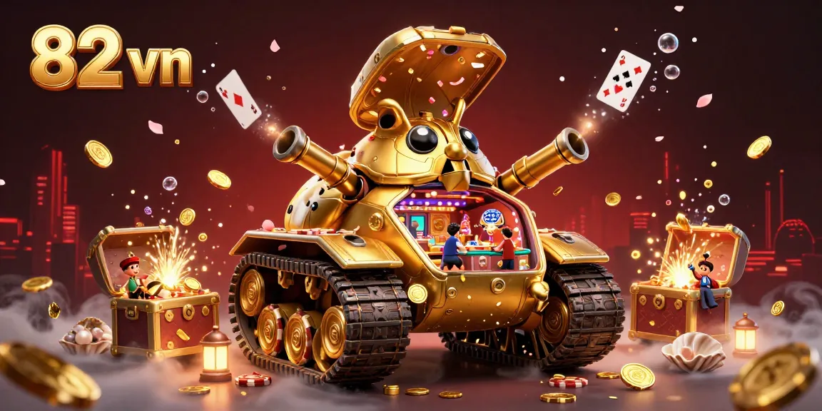 Experience the thrill of 82 vn with a 3D illustration of a golden beetle tank casino bursting with colors and treasure.
