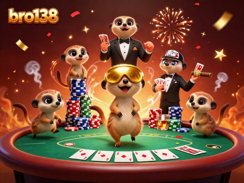 Engage in thrilling card games at bro138, showcasing meerkats operating a vibrant casino scene.