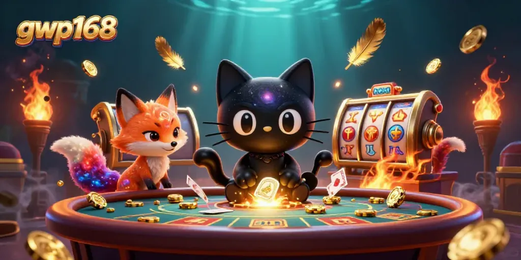 Permainan สล็อตออนไลน์ di GWP168 dengan kucing lubang hitam dan nebula rubah.