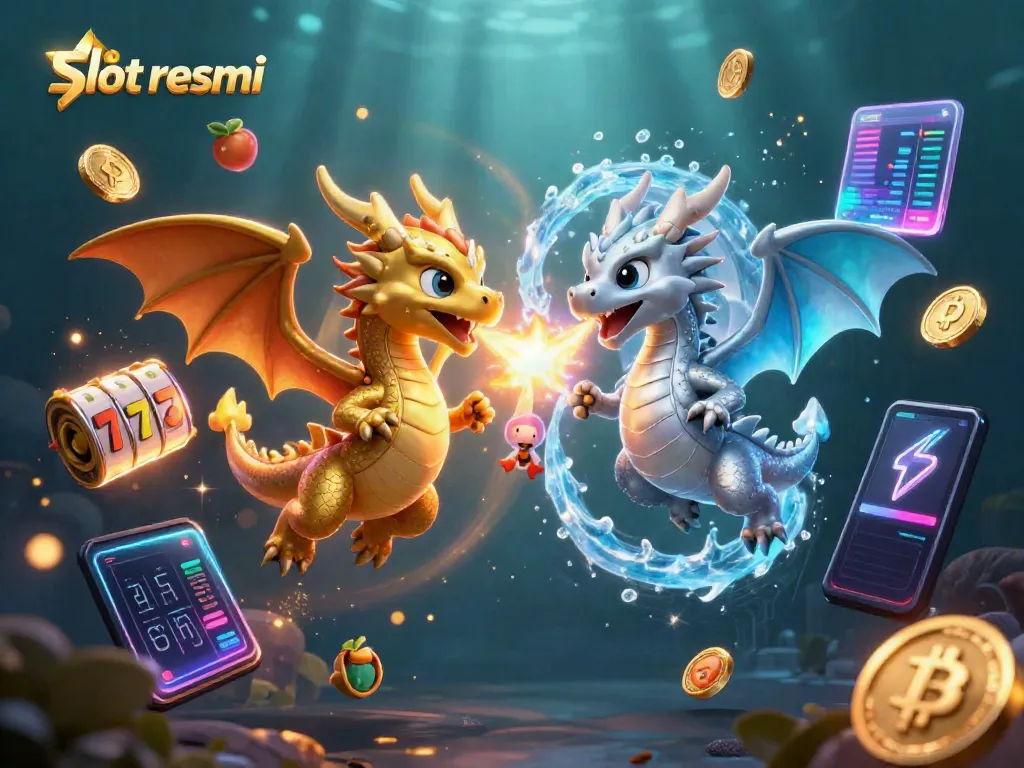 Mainkan slot resmi dengan pengalaman visual penuh warna, slot dan simbol keberuntungan terdistribusi di sekitar.