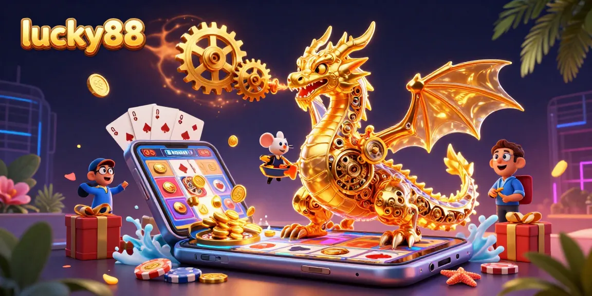 Engage in thrilling gameplay with lucky88, where a dragon and engineer showcase vibrant slot games and poker.