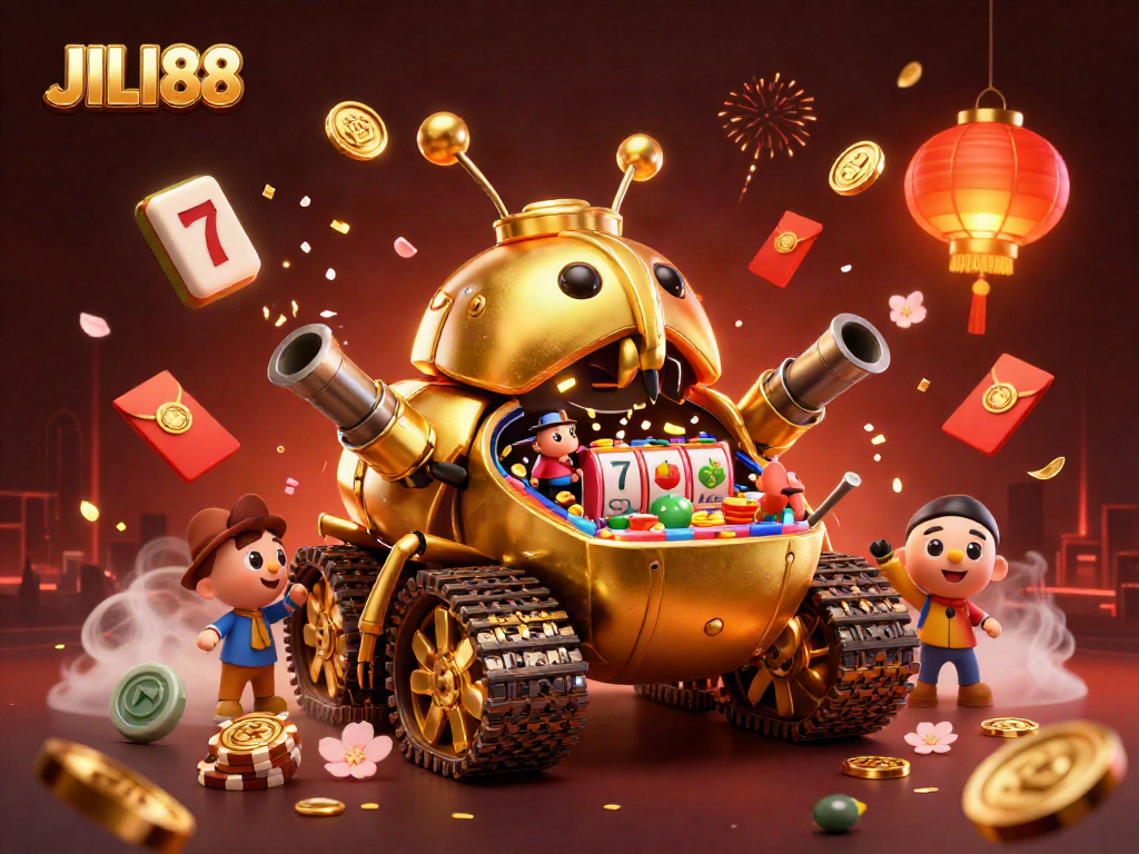 Engage with JILI88 in a vibrant casino world featuring a golden beetle tank and exciting game elements.