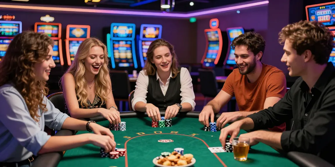 Casino atmosphere with friends enjoying poker, highlighting fun88thaimeth excitement.
