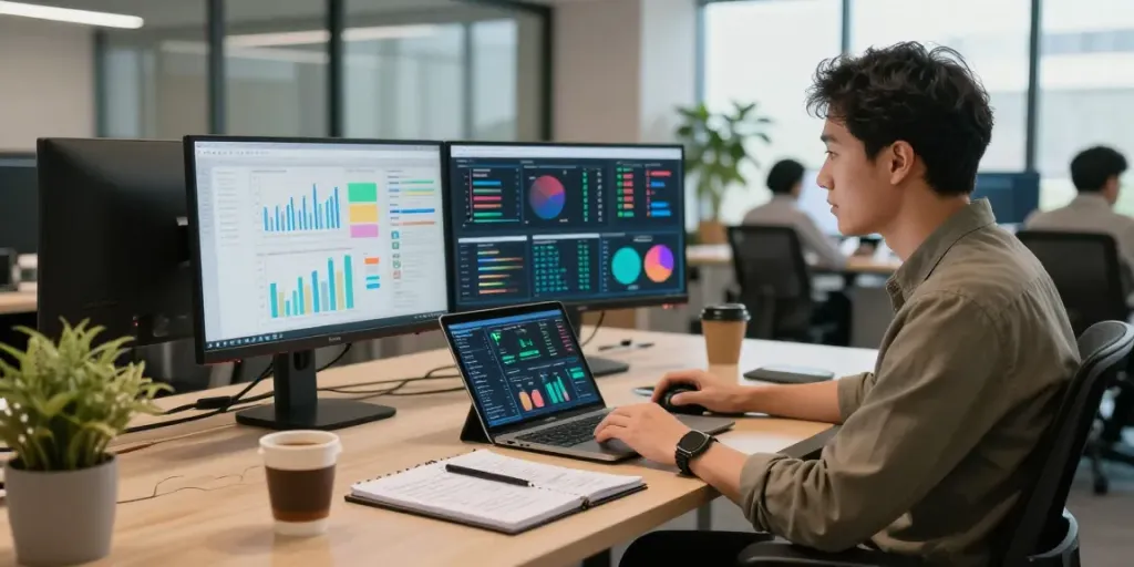 Analisis data di kantor modern dengan diana4d, profesional menggunakan laptop dan monitor.