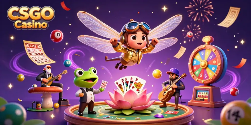 Engaging CSGO Casino scene showcasing colorful lottery elements and vibrant characters celebrating at a lily pad casino.