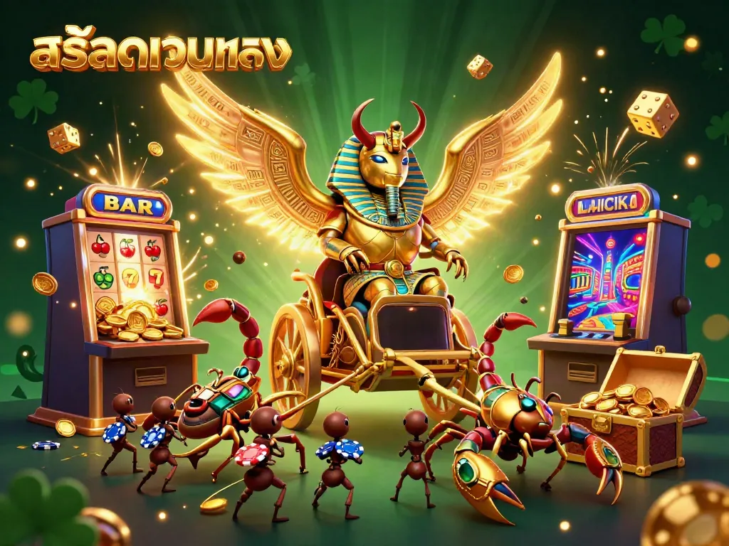 Experience thrilling jackpot action in สล็อตเว็บตรง with radiant golden characters, slot machines, and casino treasures.