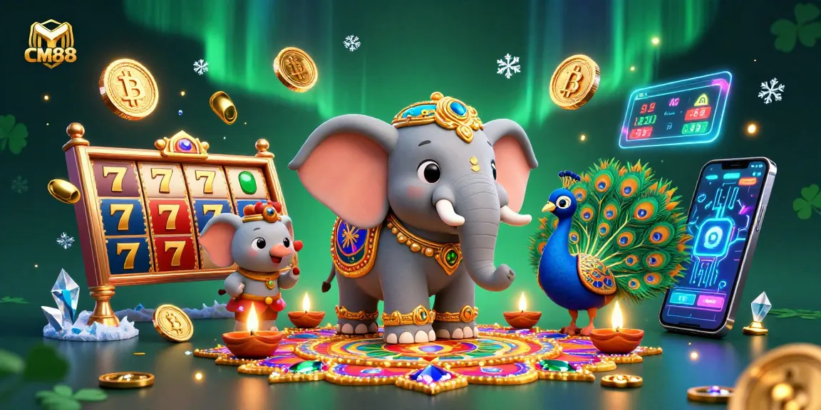 Experience thrilling casino action with the festival-themed CM88 elephant surrounded by vibrant slot reels.