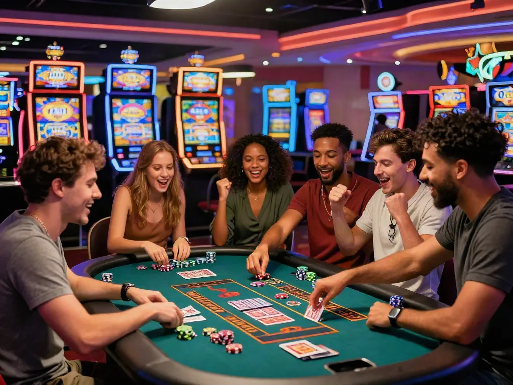 Exciting Lucky777 casino scene with friends celebrating a win in vibrant Las Vegas.