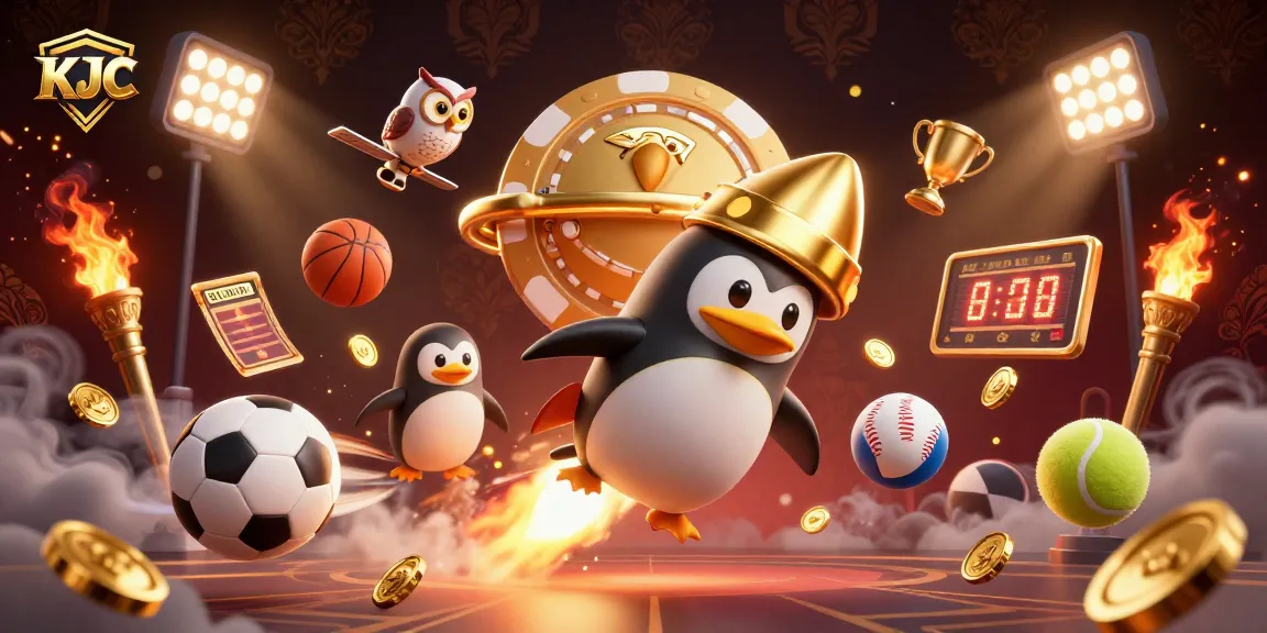 KJC gaming scene with a golden penguin and sports elements, showcasing exciting betting action.