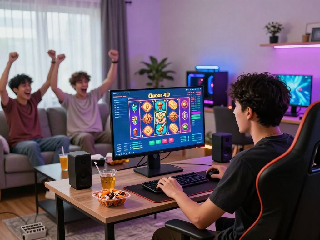 Engaging gaming experience with slot gacor 4d on vibrant screen and cheering friends in a lively living room setting.