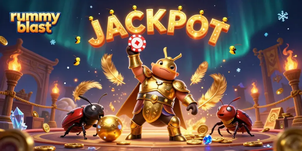 Experience thrilling gameplay with rummy blast as the hero beetle lifts a poker chip in victory.