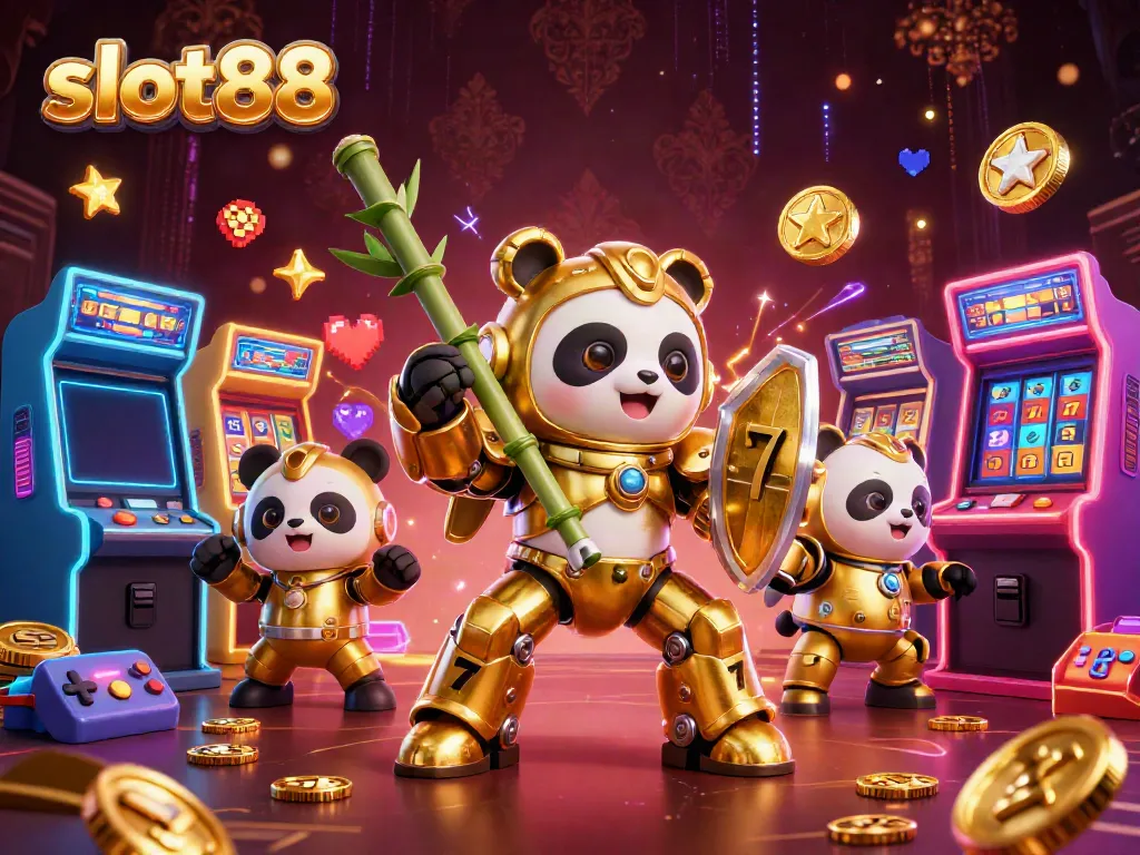 Gambarkan slot88 dengan panda emas dan robot dalam suasana kasino ceria.