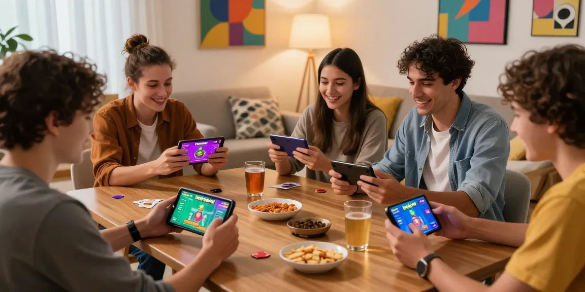 Dynamic group playing Android game APK in cozy living room.