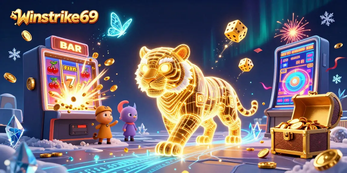 winstrike69 illuminates a vibrant casino scene with golden tiger, slot machine, and jackpot explosion