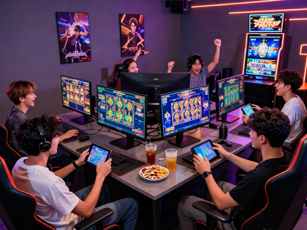 Engaging players enjoying slot777 games in a vibrant gaming lounge atmosphere, vibrant screens, and snacks.