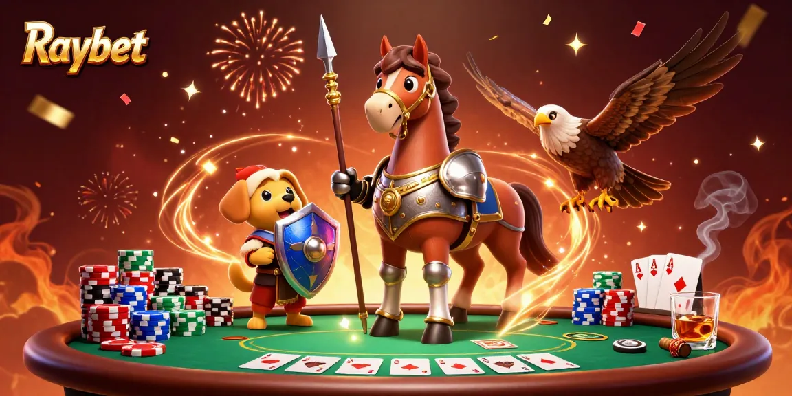 Experience the excitement of Raybet with a 3D medieval knight, puppy, and falcon enjoying epic poker action!