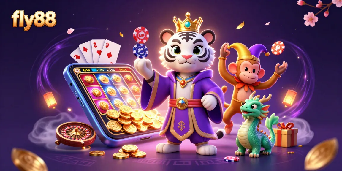 Experience the excitement of fly88 with a lively casino scene featuring a white tiger, golden monkey, and jade dragon.