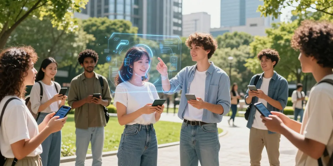 Two people enjoying a sunny day in the park with a holographic AI girlfriend and modern tech around.
