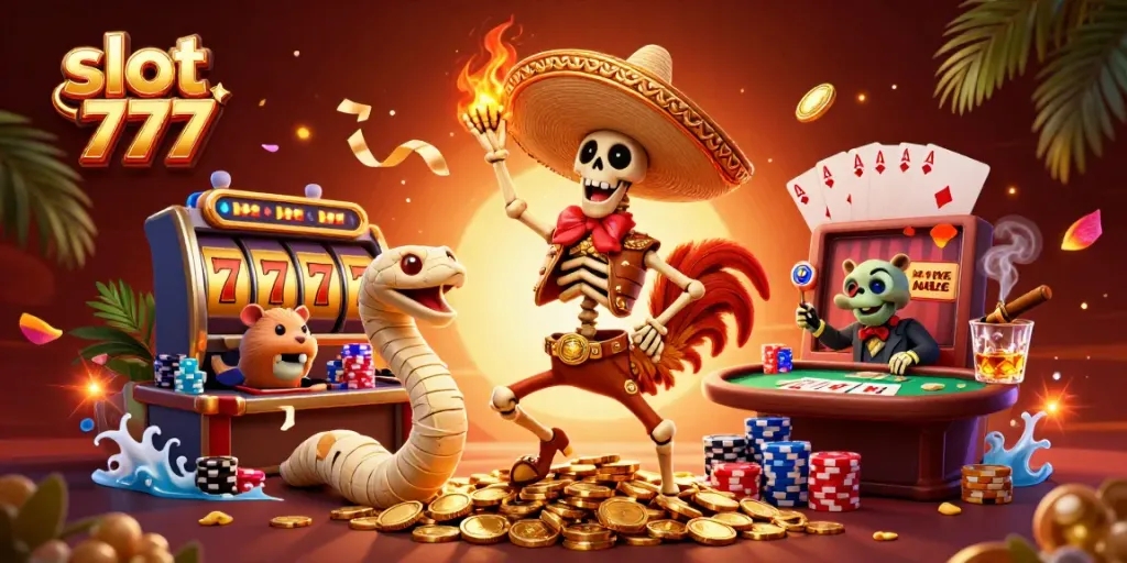 Permainan slot 777 dengan karakter skeleton dan elemen kasino, penuh warna dan detail menarik.