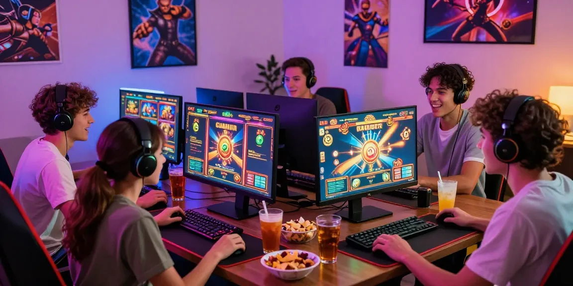 Engaging friends enjoying online slot games with deposit pulsa tanpa potongan in a vibrant gaming setup.
