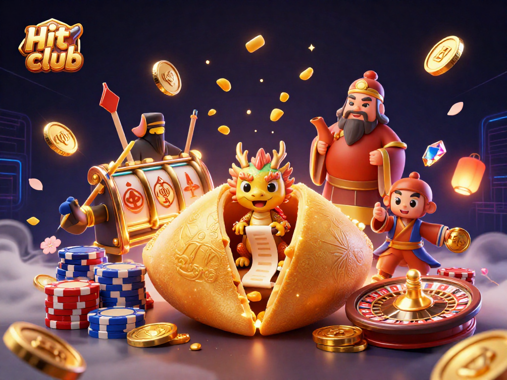 Engage in spirited gaming at Hit club with dynamic 3D casino art showcasing slot reels and high-energy characters.