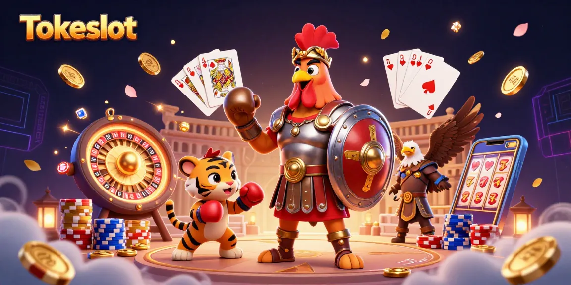 Play exciting games at Tokeslot, featuring vibrant illustrations of a rooster warrior and dazzling casino elements.