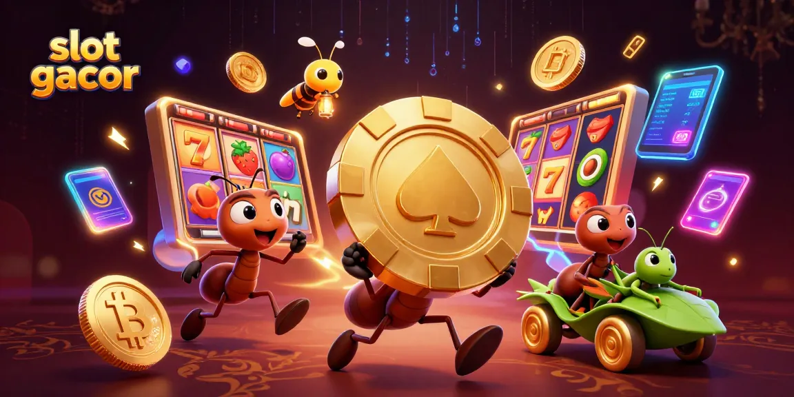 Menampilkan slot gacor, semut 3D mencuri chip poker emas sambil dikelilingi simbol slot dan koin kripto.