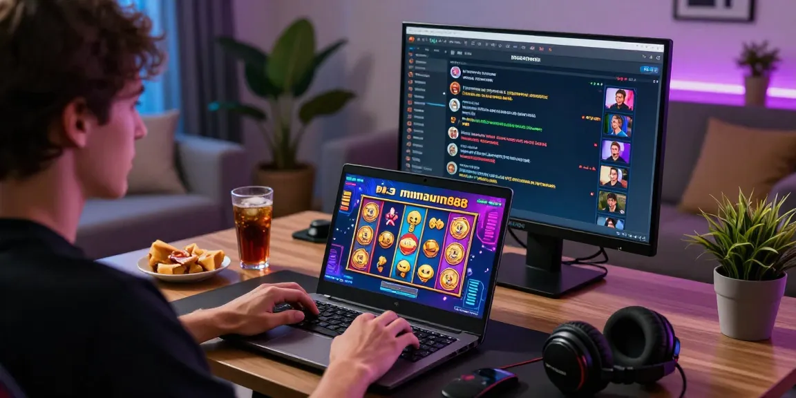 Pengguna bermain megawin88 slot di laptop dengan grafik slot yang cerah dan suasana bermain yang dinamis.