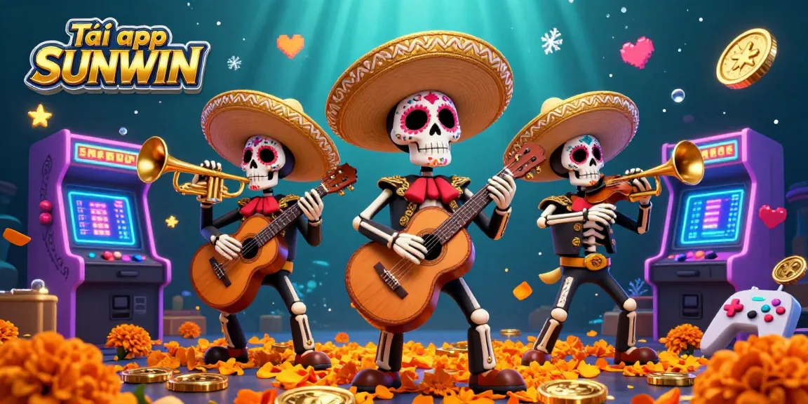 Tải app SUNWIN with a colorful mariachi band in an engaging casino-themed digital scene featuring vibrant arcade elements.