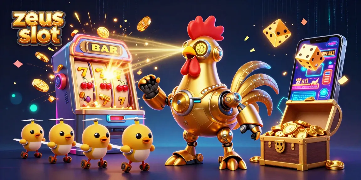 Engage with zeus slot in an electrifying environment where golden rooster robots shoot lasers amid vibrant casino elements.