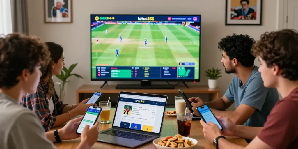 Friends using lotus365 for live cricket betting in a social setting with smartphones and a laptop.