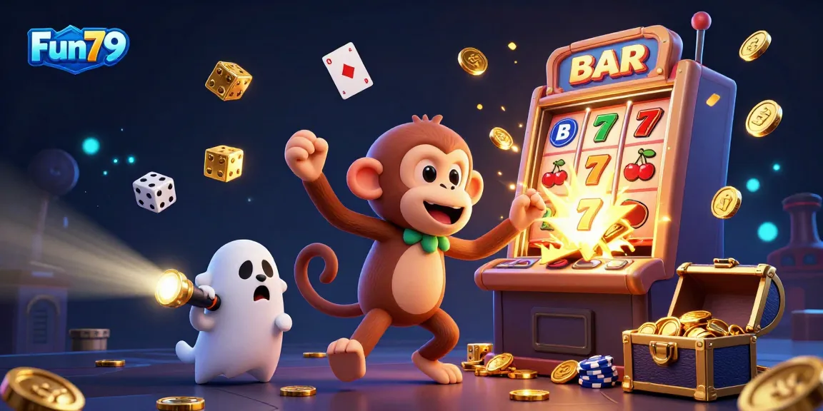 Fun79 showcases engaging gameplay with a mischievous monkey in a lively casino overflowing with golden rewards.