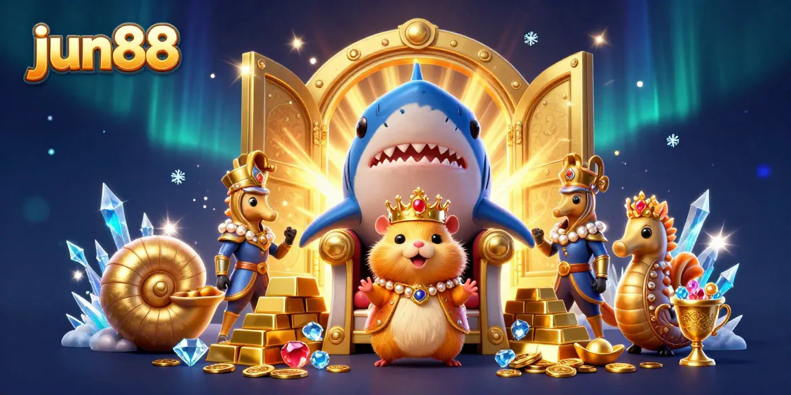 Experience the excitement of jun88 with a vibrant 3D casino illustration featuring treasures and a royal hamster king.