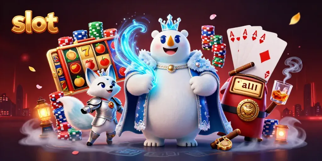 Slot memutar dengan karakter kartun raja beruang es dan fox salju, suasana kasino yang hidup.