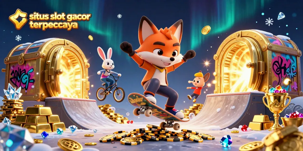 Gambar situs slot gacor terpercaya dengan kano skate dan kelinci BMX beraksi dalam suasana kasino yang meriah.