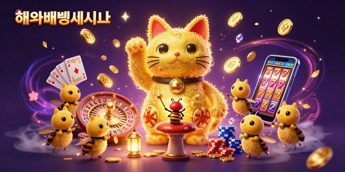 Bet on 해외배팅사이트 with an enchanting illustration of a lucky cat and casino symbols amidst golden coins and vibrant colors.