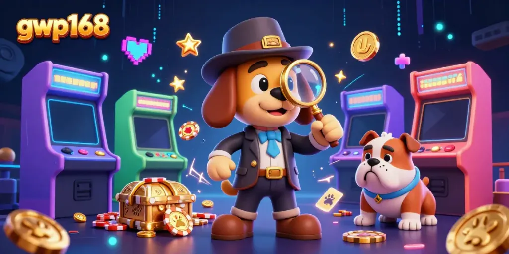 Menggali petunjuk chip poker emas di gwp168 bersama detektif dan anjingnya dalam ilustrasi kasino 3D.