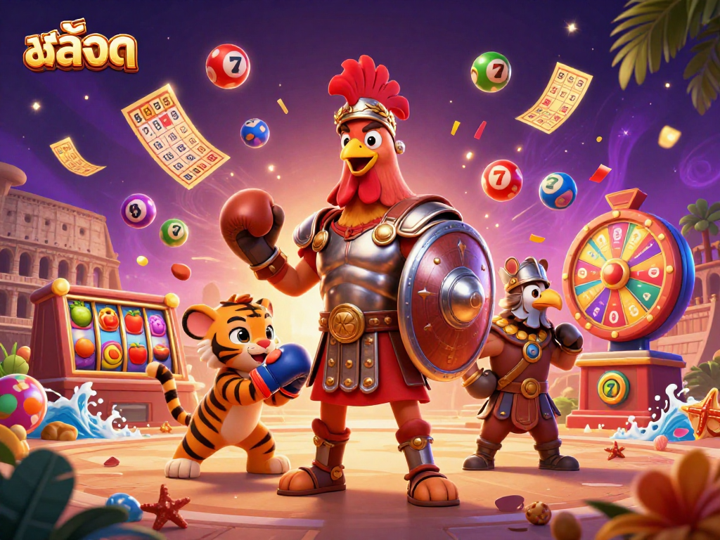 Engage in thrilling สล็อต play with vivid characters and colorful elements in a dynamic casino scene.