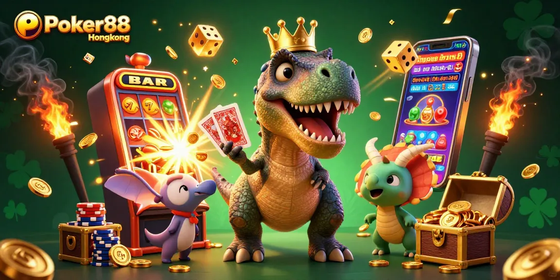 Experience the thrill of Poker88 Hongkong with cartoon dinosaurs at a vibrant casino.