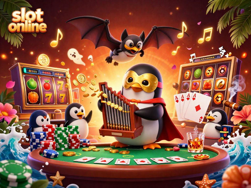 Slot online menyajikan ilustrasi 3D menarik dengan penguin beraksi dan jackpot emas.